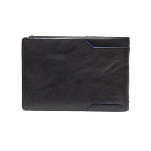 The Pierre Cardin Wallet, made of black genuine leather with a minimalist design, features edge stitching and folded sections. It includes RFID protection and is showcased closed against a plain white background.