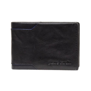 The Pierre Cardin Wallet is a sleek black genuine leather accessory, featuring subtle stitching and an embossed "pierre cardin" logo at the bottom right corner. This closed design blends simplicity with sophistication and provides essential RFID protection to safeguard your cards.