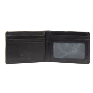 The Pierre Cardin Wallet is an open black genuine leather piece with RFID protection, card slots on the left, and a transparent ID window on the right. Its minimalist interior includes a subtle embossed logo.