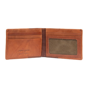 The Pierre Cardin Wallet in brown leather combines style and practicality with card slots on the left, a transparent ID window on the right, embossed "Pierre Cardin Paris Genuine Leather" text, and RFID protection for modern security.