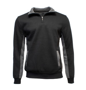 The Pilgrim 1/4 Zip Fleece is a black pullover jumper with a stylish quarter zip collar, gray accents on the inner collar and sides, long sleeves featuring rib knit cuffs with gray detailing, and two convenient front pockets for a casual look.
