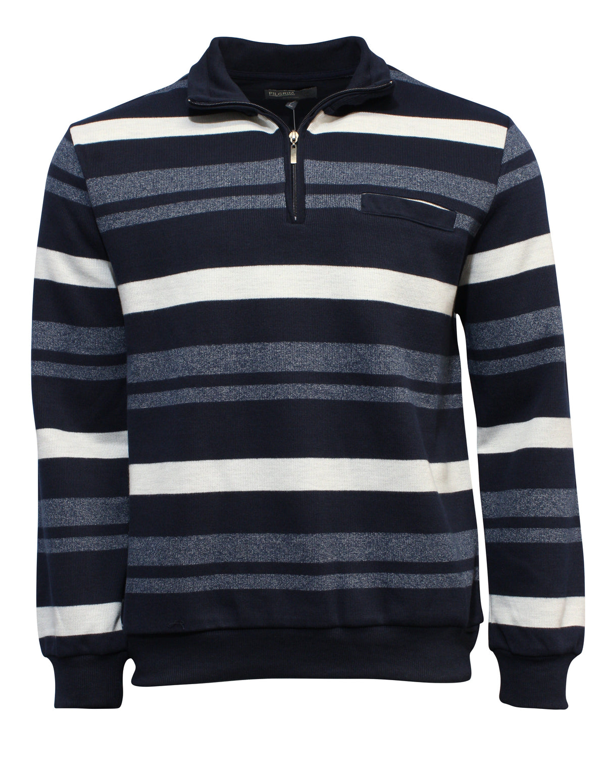 The Pilgrim Quarter Zip French Rib Fleece is a navy blue and white striped jumper featuring long sleeves, a half-zip front, alternating horizontal stripes, and a left chest pocket.