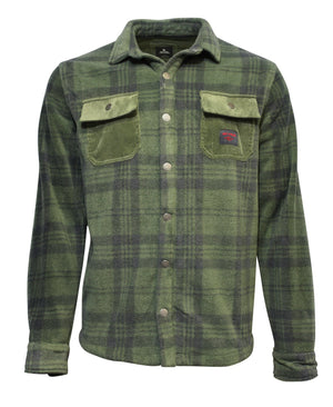The Rip Curl Polar Fleece Party Pack Shirt is a green plaid button-up with long sleeves, featuring two chest pockets, one accented by a small red and blue patch. It's made from soft, textured polyester fabric resembling flannel.