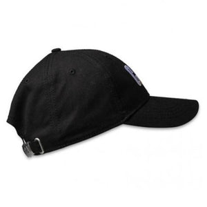 A back view of the black CAT Trademark Cap is displayed against a white background. The cap includes an adjustable strap with a metal buckle and two ventilation eyelets. The brim has a slight curve.