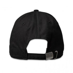 The image shows the back view of the CAT Trademark Cap, featuring an adjustable strap with a metal buckle for fitting. The black baseball cap also boasts two small ventilation holes on either side.