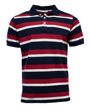 The Pilbara Striped Polo Shirt is a classic fit, short-sleeved polo made from 100% cotton. It features navy blue, red, and white horizontal stripes, the Ritemate logo, a collar, and a three-button placket for a casual style.