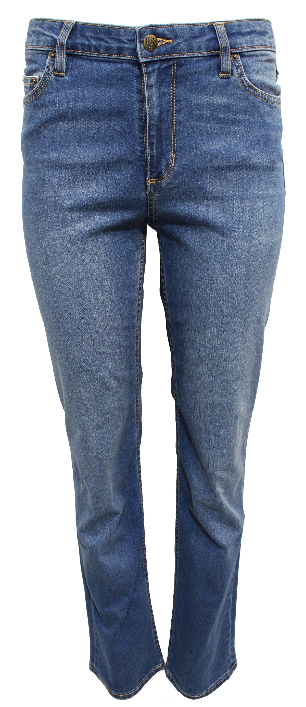 Introducing the Riders Classic Mid Straight Jean, a pair of stylish mid-rise blue denim jeans with a slight faded effect on the thighs. These jeans boast a classic five-pocket design, featuring two front pockets, two back pockets, and a small coin pocket. The comfortable Riders Classic Mid Straight Jean is displayed against a plain white background.