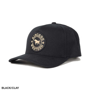 The Ringers Western Grover Baseball Cap showcases a sleek black design highlighted by the "RINGERS WESTERN" logo and a bull image emblazoned on the front. The cap features intricate clay-colored embroidery and comes with an adjustable strap to ensure a custom fit. The label "BLACK/CLAY" is displayed in the bottom left corner.