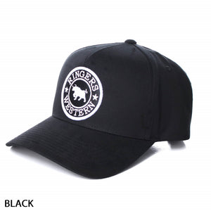 The Ringers Western Grover Baseball Cap boasts a sleek black design with a circular embroidered patch on the front. The patch displays a cow silhouette encircled by the text "Ringers Western." This cap features a curved brim, six panels, and an adjustable strap to ensure the perfect fit. "BLACK" is printed in the bottom left corner of the image.