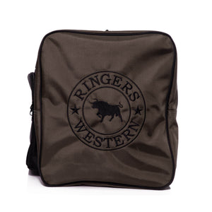 The Ringers Western Coolabah Sports Bag is a square-shaped, olive green bag with black piping and a zipper closure. It features a black circular logo on the front with a bull silhouette in the center and the words "Ringers Western" around the circle. This bag includes multiple large zippered compartments to meet all your storage needs.