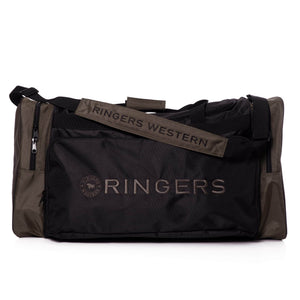 The Ringers Western Coolabah Sports Bag, available in black and olive, prominently showcases the brand's name on both the front pocket and shoulder strap. It includes multiple large zippered compartments and features a short handle on top.