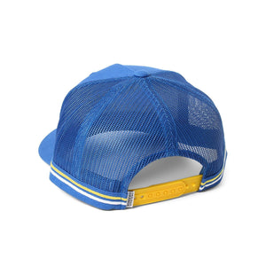The Ringers Western Truckstop Trucker Cap is a stylish blue mesh hat that comes with a convenient yellow adjustable snapback closure. It boasts two distinctive white and yellow horizontal stripes near the back opening, providing both an aesthetic appeal and practical design.
