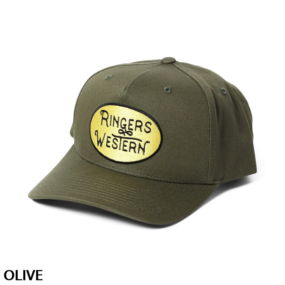 A Ringers Western Truckstop Baseball Cap in khaki green, featuring a curved bill and a yellow oval patch on the front with "Ringers Western" written in black letters. The cap has an adjustable strap for the perfect fit. The image background is white, with the word "OLIVE" written at the bottom left corner in black.