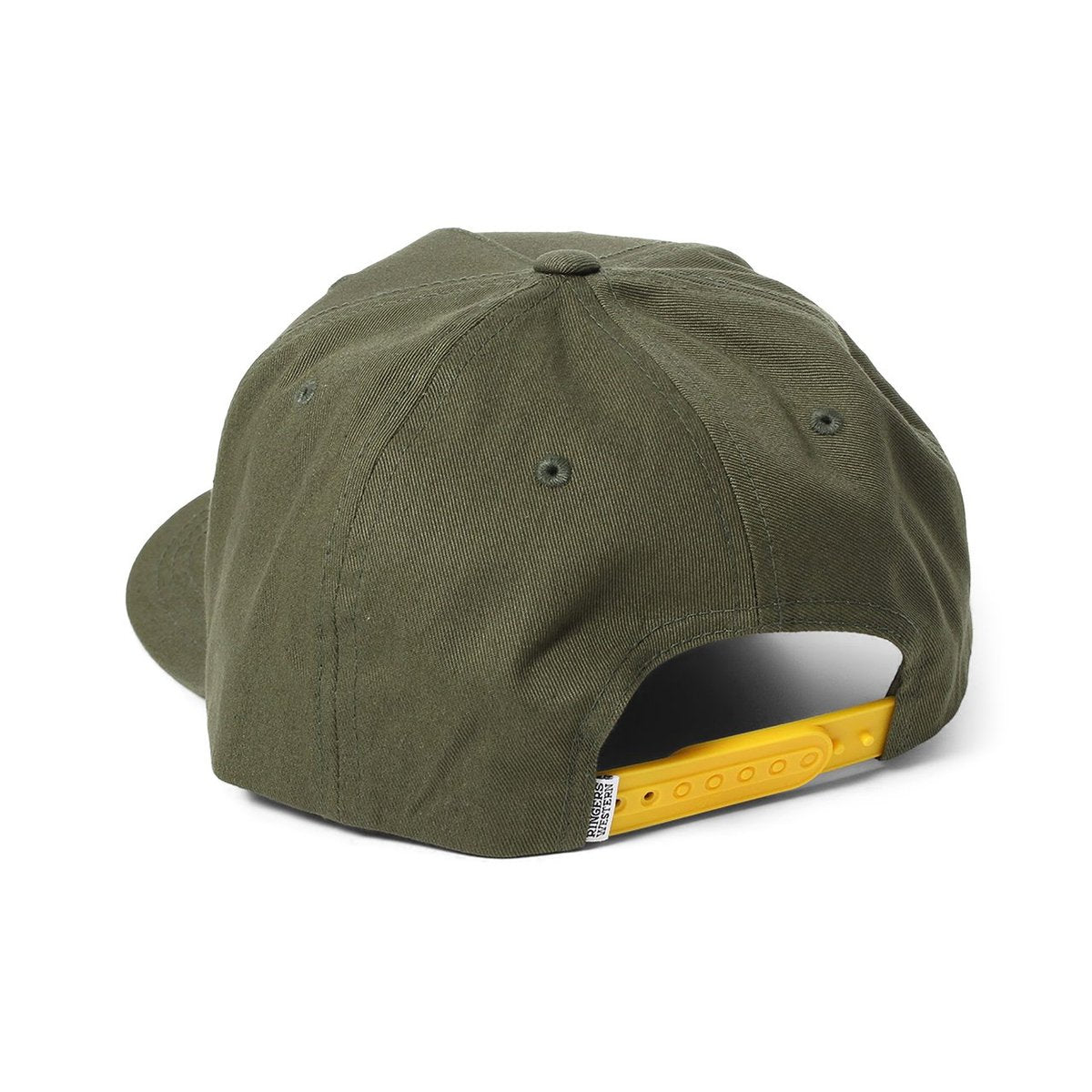 The Ringers Western Truckstop Baseball Cap in green is shown from the back, featuring a yellow adjustable strap. This six-panel hat includes eyelets for ventilation.