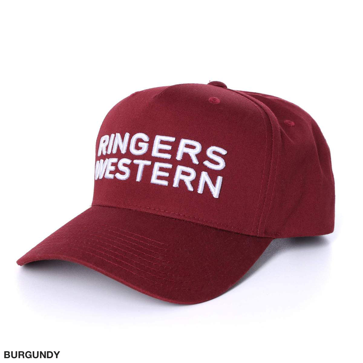 The Ringers Western Channel Baseball Cap features "RINGERS WESTERN" embroidered in white on the front. This burgundy cotton cap boasts a curved brim and visible stitching for style and comfort.