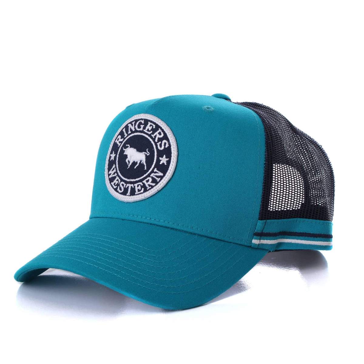 The Ringers Western Drover Lane Trucker Cap boasts a turquoise and black design with a curved brim. The front panel is adorned with a circular "Ringers Western" patch featuring a bull logo, while the mesh back enhances breathability. Striped details on the back of the brim add an extra touch of style.