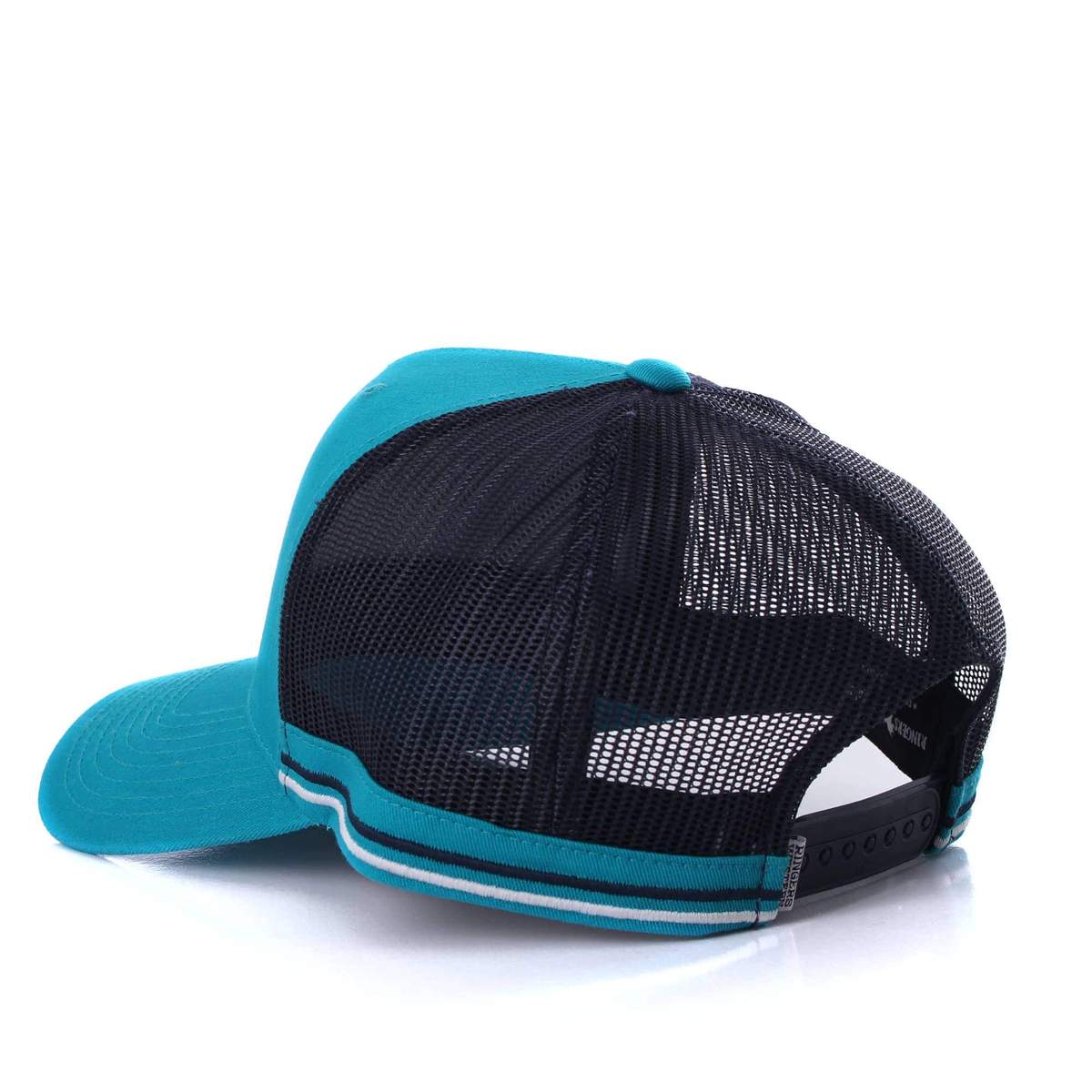 A turquoise and black Ringers Western Drover Lane Trucker Cap is displayed with the mesh back facing the viewer. The cap features an adjustable snap closure and two horizontal stripes near the bottom of the mesh portion.