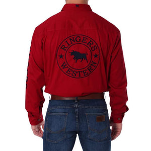 Sporting the Ringers Western Hawkeye Embroidered Shirt, adorned with the "Ringers Western" logo and a star-ringed bull, this individual matches it flawlessly with blue jeans. Made from 100% cotton, the shirt combines style and comfort.