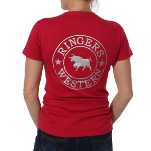 A person wearing a red Ringers Western Signature Bull Classic T-Shirt with a circular white "RINGERS WESTERN" logo, bull graphic, and two stars on the back.