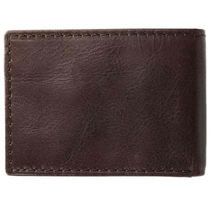 A closed brown Rip Curl Perforation RFID Slim Wallet with visible stitching rests elegantly on a plain white background.