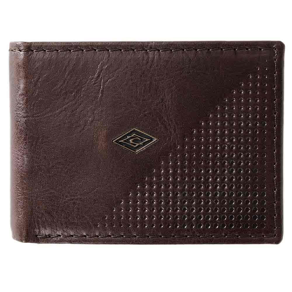The Rip Curl Perforation RFID Slim Wallet is crafted from dark brown leather with a textured right half and smooth left half. A small, diamond-shaped logo embossed in the center showcases its quality craftsmanship while keeping your essentials secure.