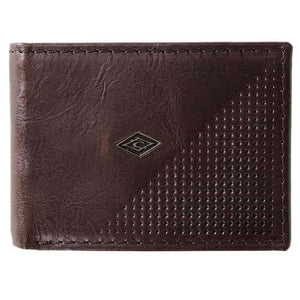 The Rip Curl Perforation RFID Slim Wallet is crafted from dark brown leather with a textured right half and smooth left half. A small, diamond-shaped logo embossed in the center showcases its quality craftsmanship while keeping your essentials secure.
