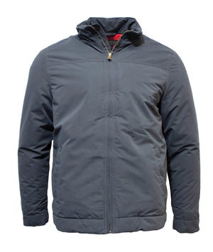 The Pilbara Quilted Jacket is a dark gray, zip-up jacket with long sleeves and a high collar. Classic fit for everyday style, made from a cotton/polyester blend, shown against a plain white background.