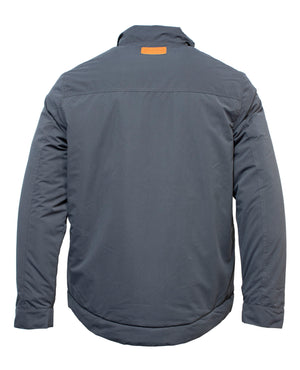 The back view of the gray Pilbara Quilted Jacket shows a fold-down collar and brown patch at the nape, with a smooth texture featuring horizontal shoulder seams, vertical side seams, and rib knit cuffs.