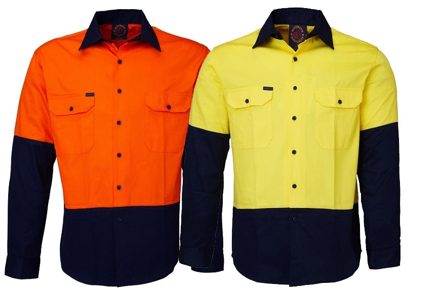Two Ritemate Hi Vis Open Front Long Sleeve Shirts with buttoned fronts and chest pockets. The shirt on the left is orange with navy blue sleeves and lower body, while the shirt on the right is yellow with the same navy blue design. These 100% Cotton Twill shirts feature collars and prominent hemlines.