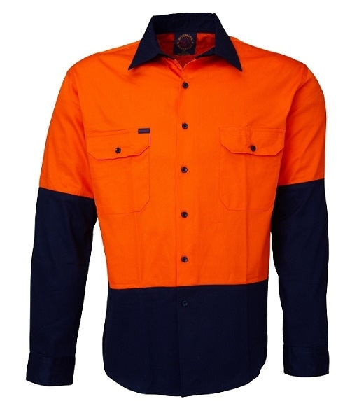 The Ritemate Hi Vis Open Front Long Sleeve Shirt boasts an orange top half and navy blue bottom half, including the sleeves. This 100% Cotton Twill shirt features buttoned front pockets on both sides of the chest and a button-down front with a navy collar for added style and functionality.