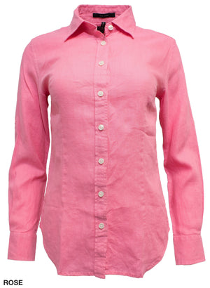 Introducing the Ritemate Pilbara Ladies Linen Shirt: a long-sleeved, button-down shirt in a vibrant rose hue. This 100% linen garment boasts a structured collar, white buttons, and cuffed sleeves. The fabric is lightweight with a slight texture. "ROSE" is discreetly written in black at the bottom left corner for a tailored look.
