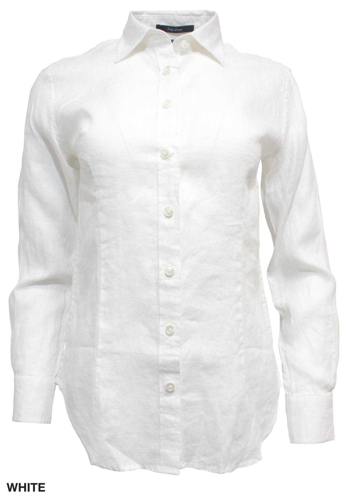 The Ritemate Pilbara Ladies Linen Shirt, a white long-sleeve button-up made from 100% linen, is displayed against a plain white background. The fabric appears slightly textured, and the shirt features a tailored fit with buttons running down the front. The caption in the bottom left reads "WHITE.