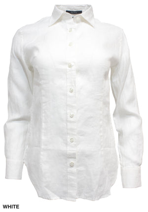 The Ritemate Pilbara Ladies Linen Shirt, a white long-sleeve button-up made from 100% linen, is displayed against a plain white background. The fabric appears slightly textured, and the shirt features a tailored fit with buttons running down the front. The caption in the bottom left reads "WHITE.