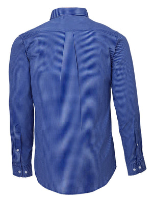 The image displays the back view of the long-sleeve, cotton Ritemate Pilbara Check Double Pocket Shirt, featuring a blue and white small checkered pattern. This shirt includes a classic collar and buttoned cuffs, embodying an enduring style suitable for Australian working conditions.