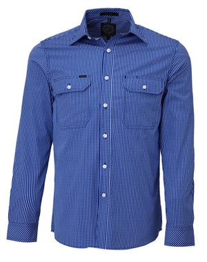 The Ritemate Pilbara Check Double Pocket Shirt is a blue and white checkered cotton long-sleeve button-down work shirt with two front pockets. It features a classic collar and white buttons, offering the durability needed for Australian working conditions. Presented neatly on a mannequin or display, this shirt is designed to withstand tough environments.
