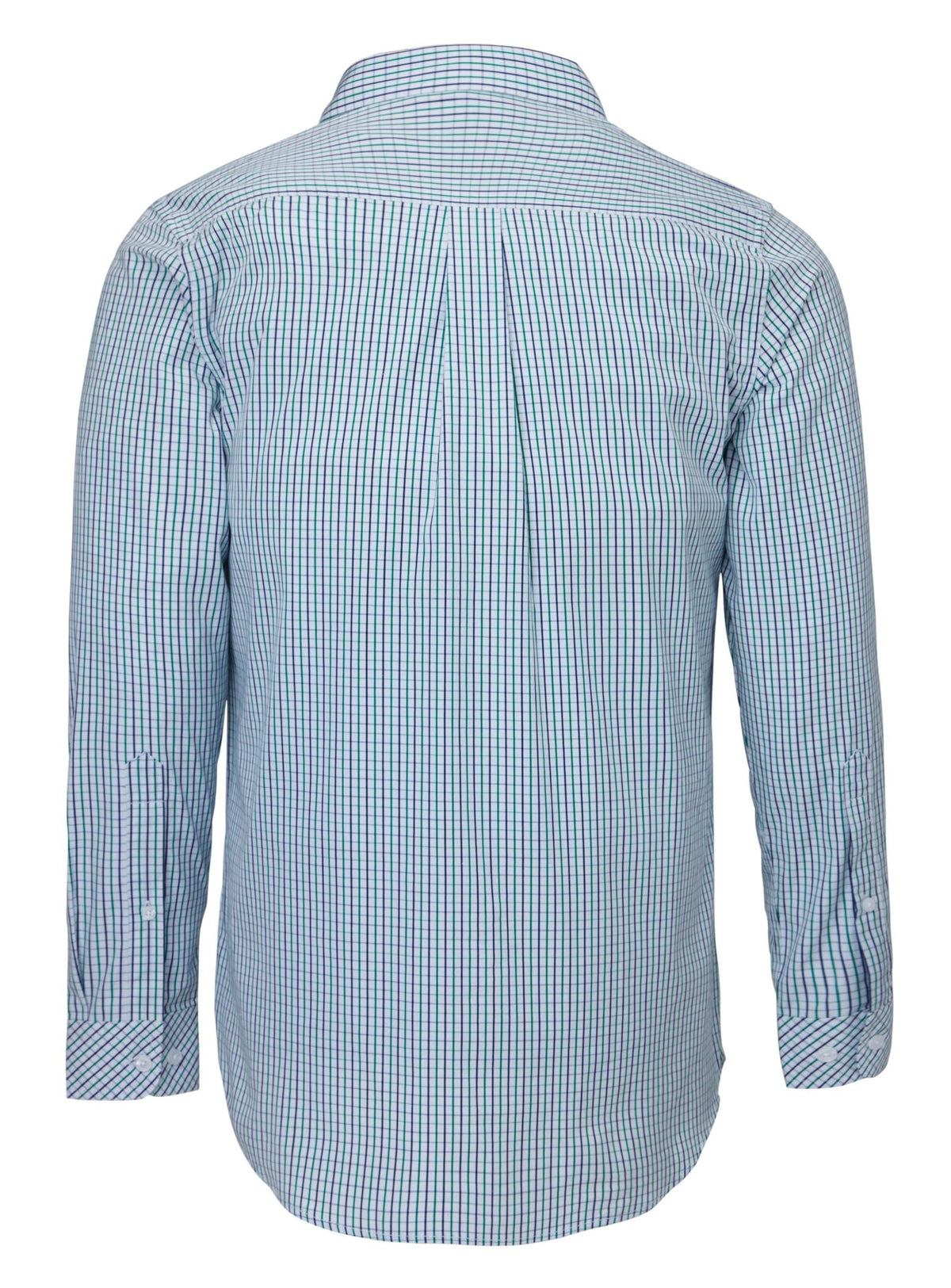 Back view of the Ritemate Pilbara Check Double Pocket Shirt, a long-sleeved, button-up work shirt with a blue, green, and white checkered pattern. Made from 100% cotton, it features a straight hem and a yoke on the upper back.