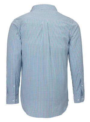 Back view of the Ritemate Pilbara Check Double Pocket Shirt, a long-sleeved, button-up work shirt with a blue, green, and white checkered pattern. Made from 100% cotton, it features a straight hem and a yoke on the upper back.
