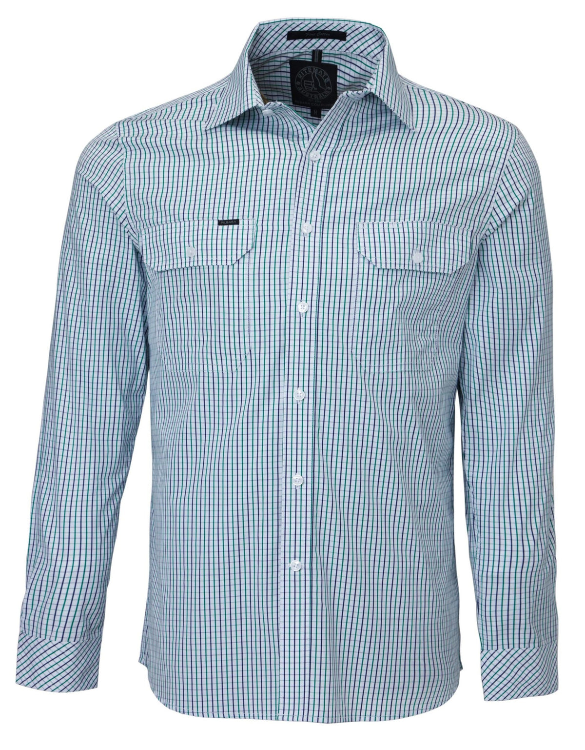 The Ritemate Pilbara Check Double Pocket Shirt is a long-sleeve, button-up work shirt with a classic collar, showcasing a green and blue checkered pattern. Made from 100% cotton, it features two chest pockets with flaps and buttons, and white buttons down the front.