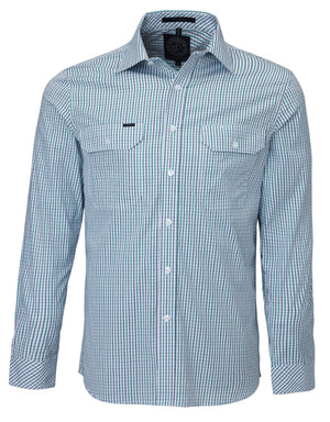 The Ritemate Pilbara Check Double Pocket Shirt is a long-sleeve, button-up work shirt with a classic collar, showcasing a green and blue checkered pattern. Made from 100% cotton, it features two chest pockets with flaps and buttons, and white buttons down the front.