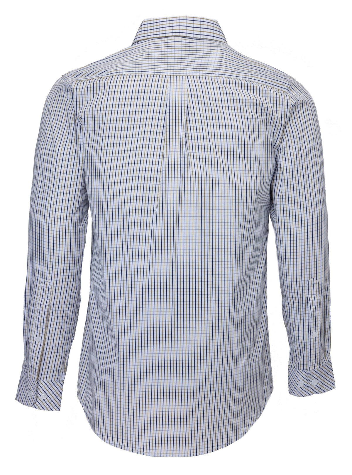 The Pilbara Check Double Pocket Shirt is a back-viewed, cotton-finished button-up work shirt featuring long sleeves with buttoned cuffs, a collar, and a blue and white checkered pattern, designed for Australian working conditions.