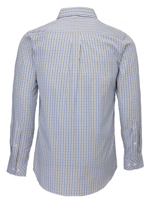 The Pilbara Check Double Pocket Shirt is a back-viewed, cotton-finished button-up work shirt featuring long sleeves with buttoned cuffs, a collar, and a blue and white checkered pattern, designed for Australian working conditions.