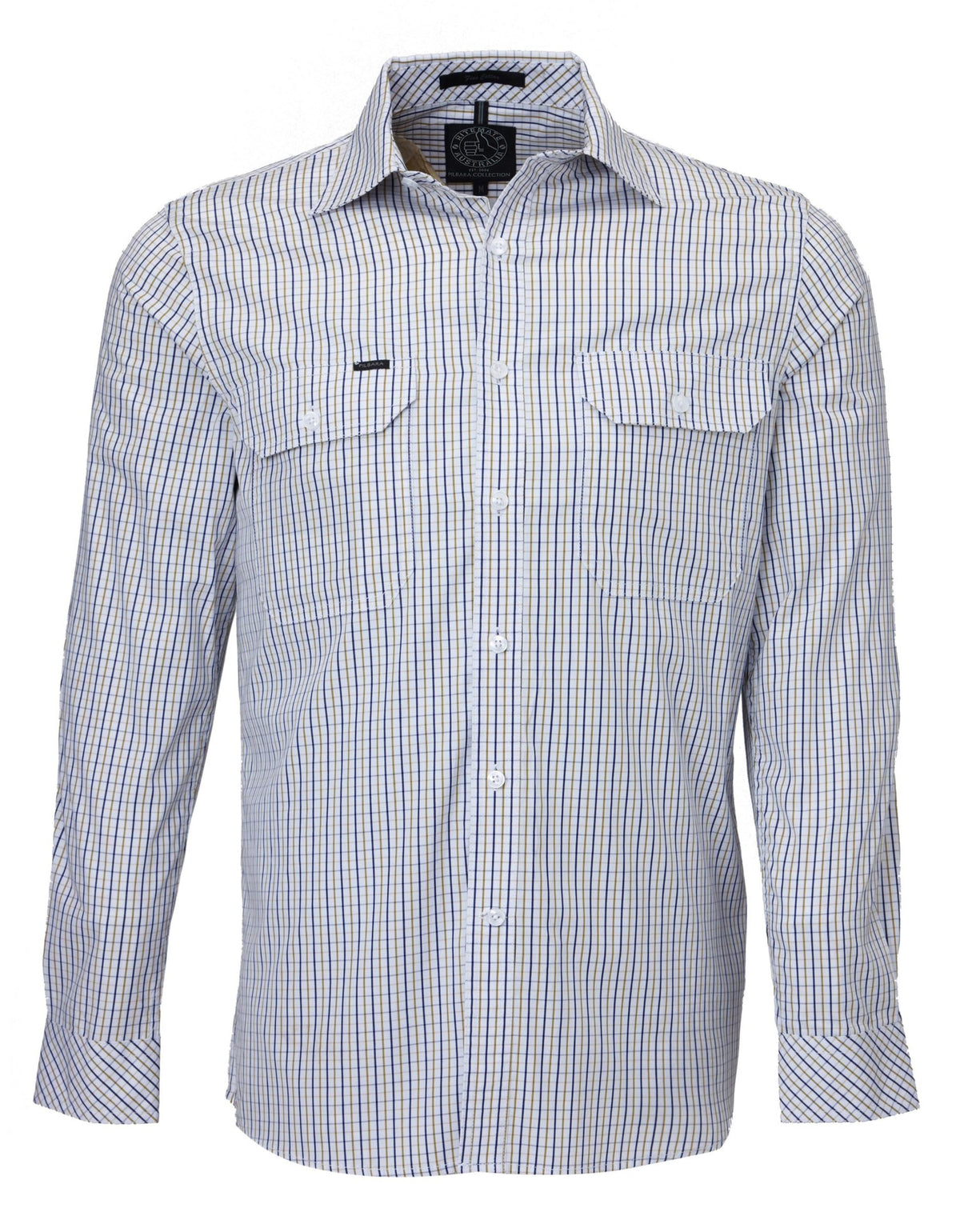 The Pilbara Check Double Pocket Shirt is a blue and white checkered, long-sleeve, button-up work shirt made of cotton. It features two front pockets with flaps and buttons, a turned-down collar, and a neatly pressed finish—perfect for Australian working conditions.
