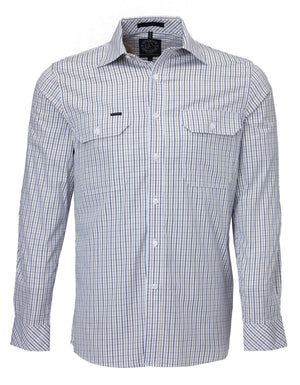 The Pilbara Check Double Pocket Shirt is a blue and white checkered, long-sleeve, button-up work shirt made of cotton. It features two front pockets with flaps and buttons, a turned-down collar, and a neatly pressed finish—perfect for Australian working conditions.