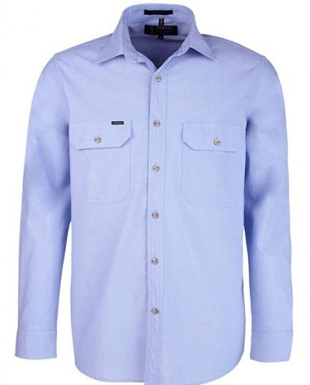 The Ritemate Pilbara Chambray Double Pocket Shirt is a light blue, 100% cotton, button-down shirt featuring long sleeves and a pointed collar. Designed to be durable for Australian working conditions, this hard-wearing work shirt includes two chest pockets with button flaps and is fully buttoned down the front. The fabric appears smooth and the shirt is neatly pressed.
