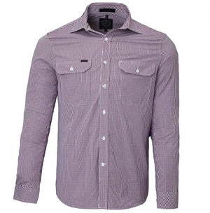 The Ritemate Pilbara Check Double Pocket Shirt is a long-sleeved menβs dress shirt in shades of white and red, featuring a button-up front, two front chest pockets with button closures, and a classic collar. Crafted from 100% cotton for comfort, this hard-wearing work shirt boasts a modern fit and slightly curved hemline.