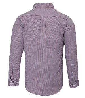 Back view of the Ritemate Pilbara Check Double Pocket Shirt, a long-sleeved, button-up shirt with a checkered pattern in shades of red, white, and blue. Made from 100% cotton, this durable work shirt features white buttons on the cuffs and a straight hemline. Crafted under strict Australian working conditions for durability and comfort.