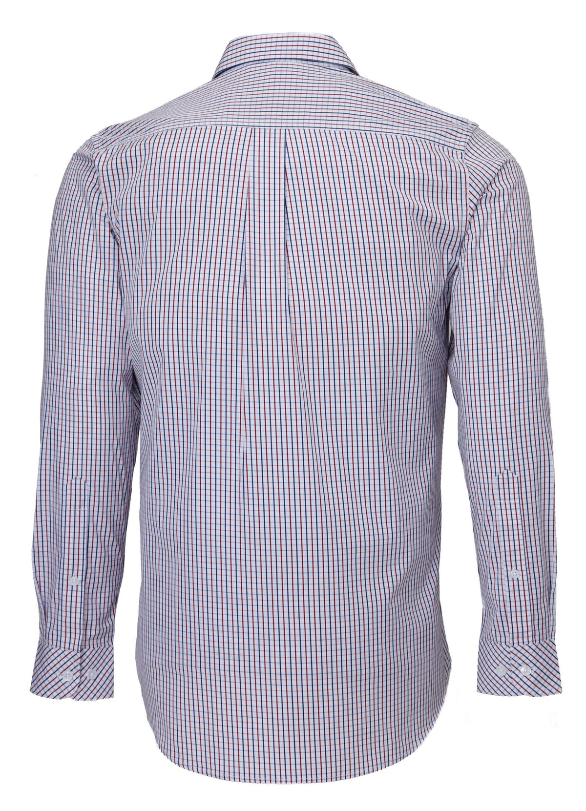 Back view of the Ritemate Pilbara Check Double Pocket Shirt, a long-sleeved men's dress shirt featuring a red, blue, and white checkered pattern. The collar is pointed, and the buttoned cuffs complete the design. Made from 100% cotton, the fabric appears lightweight with a classic, slightly fitted cut—ideal for Australian working conditions.