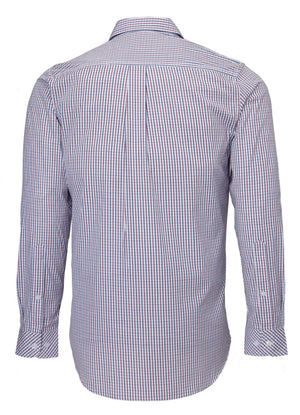 Back view of the Ritemate Pilbara Check Double Pocket Shirt, a long-sleeved men's dress shirt featuring a red, blue, and white checkered pattern. The collar is pointed, and the buttoned cuffs complete the design. Made from 100% cotton, the fabric appears lightweight with a classic, slightly fitted cut—ideal for Australian working conditions.