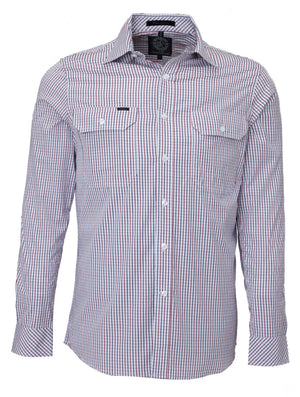 The Ritemate Pilbara Check Double Pocket Shirt is a button-up, long-sleeved work shirt featuring a checkered pattern in red, white, and blue. Made from 100% cotton, this shirt includes two chest pockets with button closures and a collar. Its lightweight fabric makes it ideal for Australian working conditions or casual semi-formal wear.