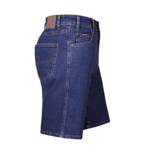 The Ritemate Cotton Stretch Denim Short comes in dark blue, featuring a classic five-pocket design with contrast stitching and a leather brand patch on the back waistband. These hard-wearing and comfortable shorts extend to just above the knee, include belt loops, and have a button fastening.